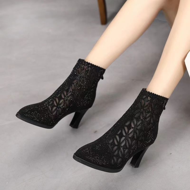Women’s High Heel Ankle Boots with Mesh and Rhinestones in 2 Colors - Wazzi's Wear