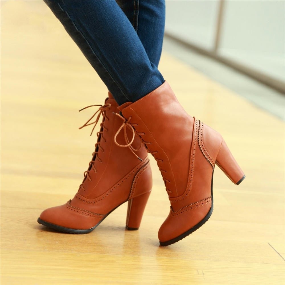 Women's Chic Solid Colour Lace-Up High Heel Boots