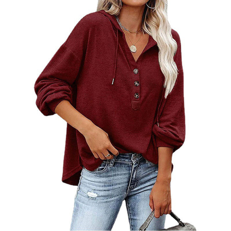 Women’s V-Neck Hooded Long Sleeve Shirt