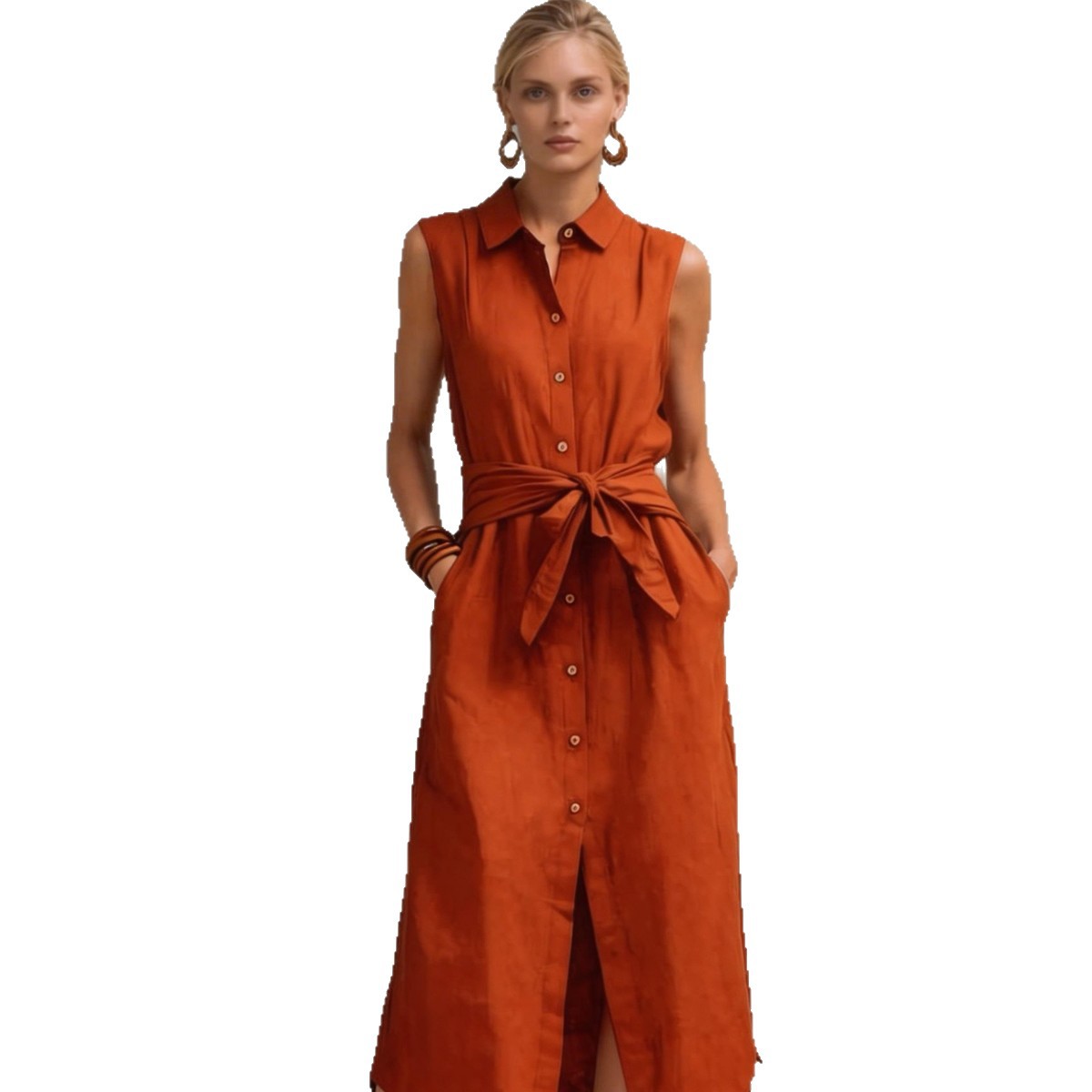 Casual Cotton-Linen Bag-Style Solid-Colored Sleeveless Dress