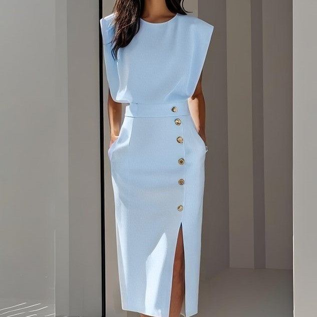 Split Metal Button Summer Dress Women