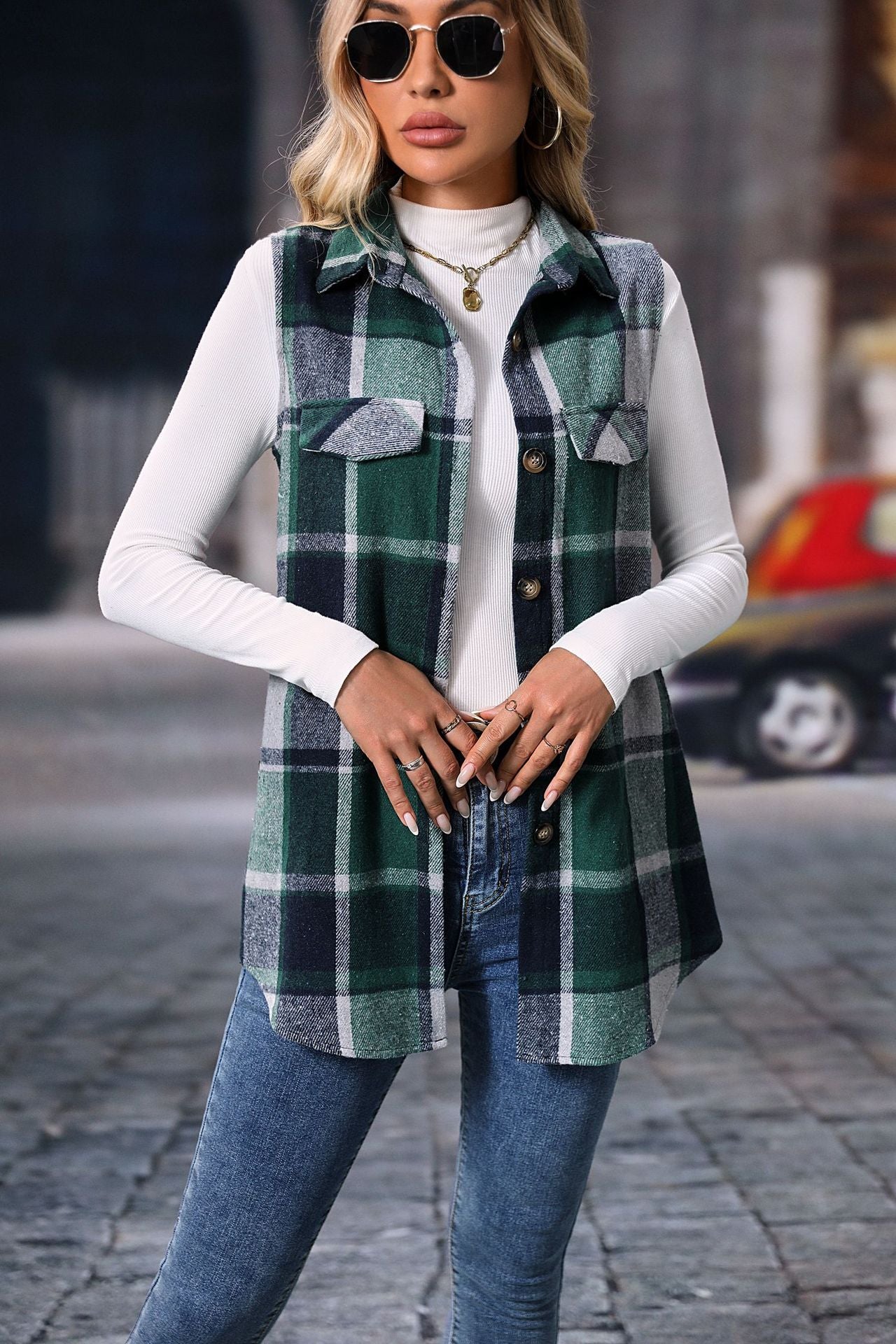 Women's Sleeveless Button-Up Plaid Vest with Chest Pocket