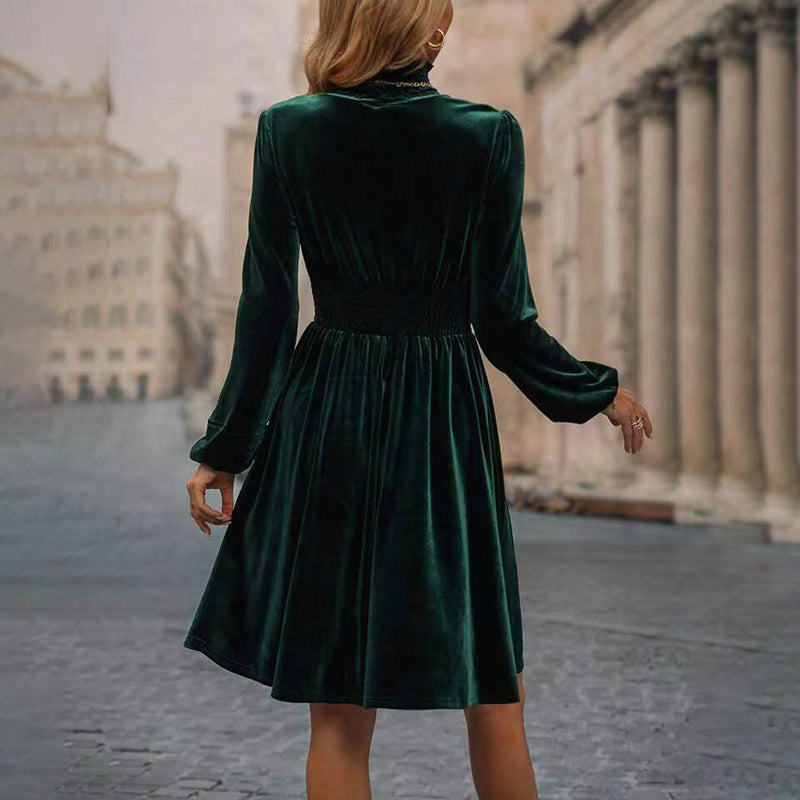 Women's Mock Neck Velvet Midi Dress, Smocked Waist Long Sleeve Casual Dress