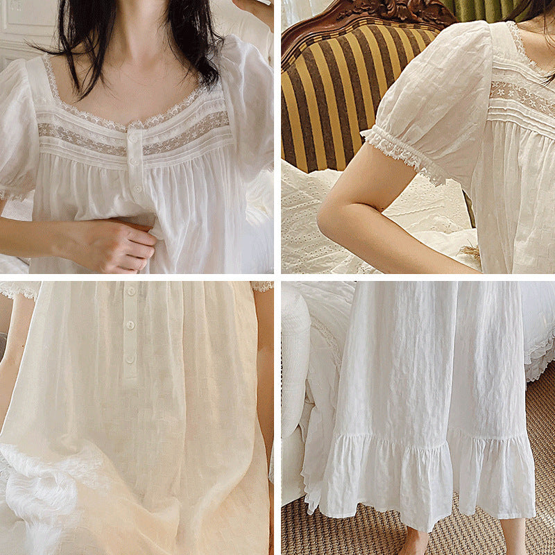 Women's Short-sleeved Thin Pajamas White Sweet Cotton