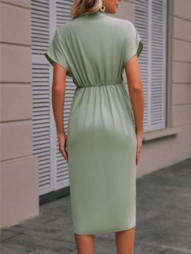 Women’s Elegant Pleated V-Neck Short Sleeve Wrap Midi Dress