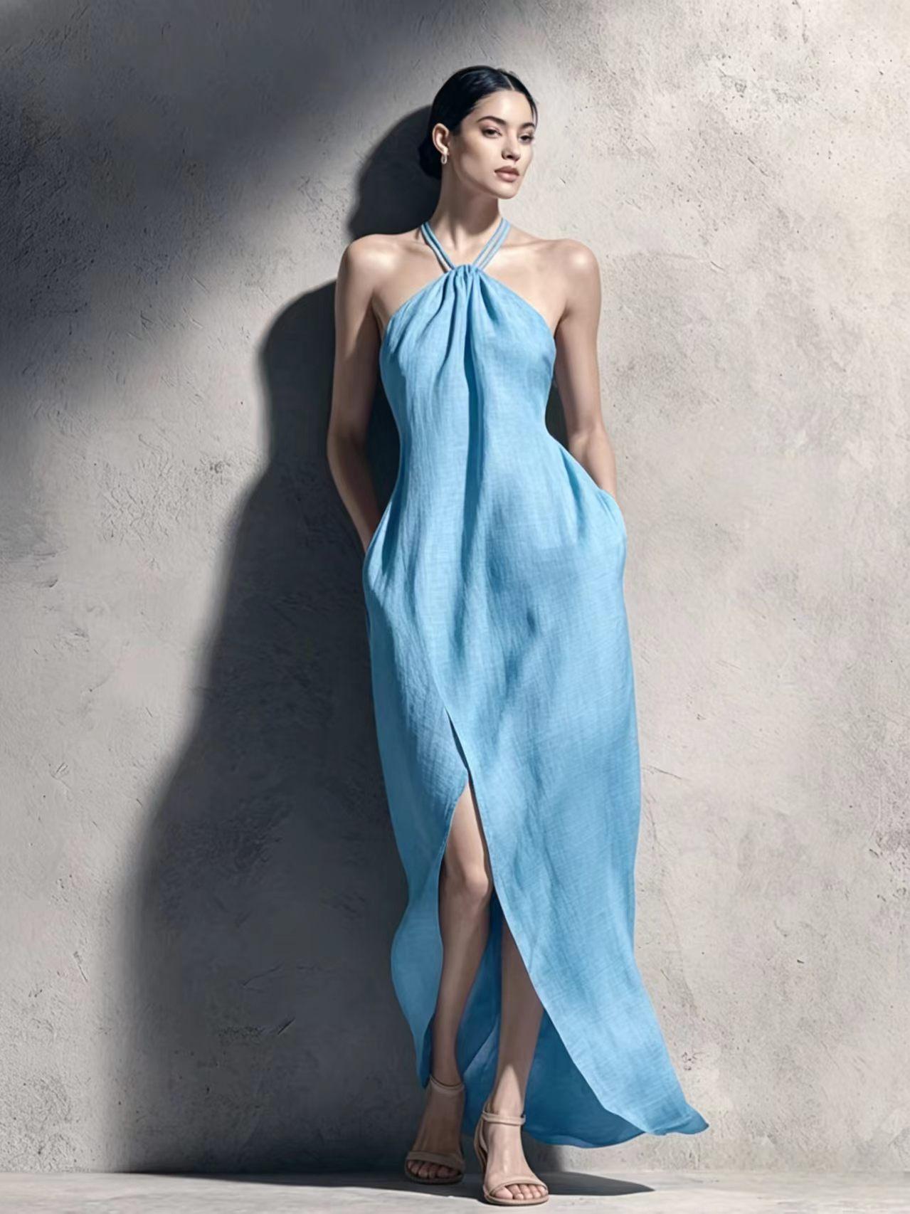 Womens Cinched Waist Side-Slit Halter Dress