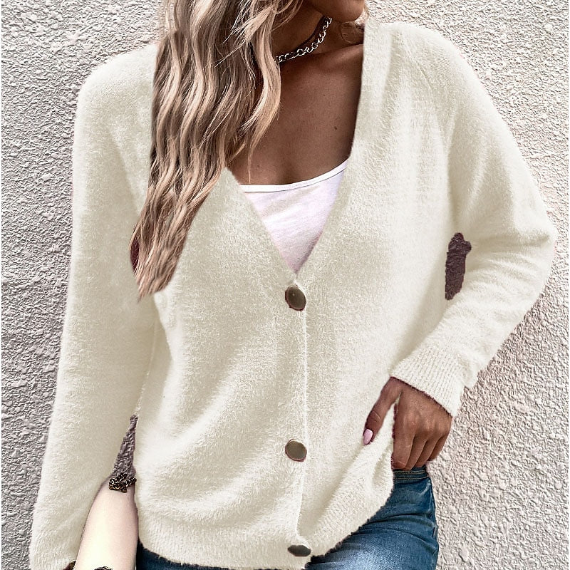 Women's V-Neck Button Cardigan Sweater in 6 Colors S-L - Wazzi's Wear