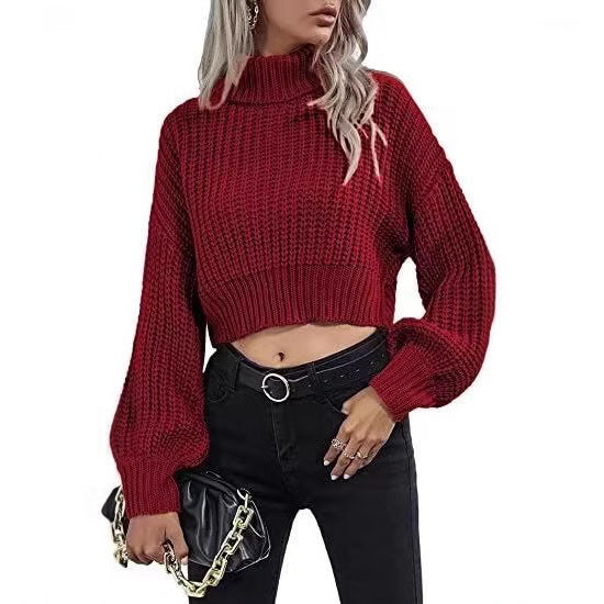 Turtleneck Midriff-baring Knitted Sweater Short