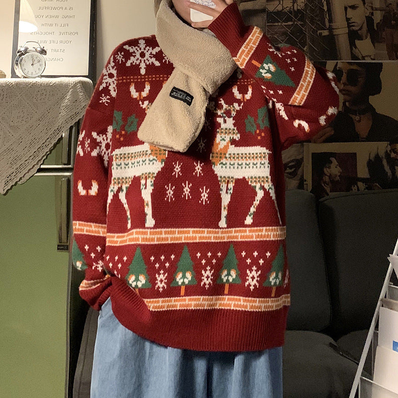 Men's loose pullover Christmas sweater with reindeer and tree pattern in red, green, and white colors