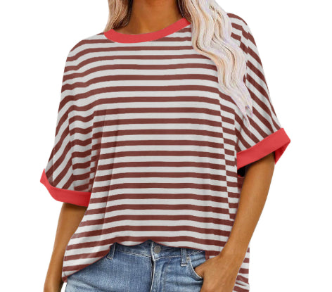 Striped Crewneck Trendy Short-sleeve Color-block Pullover