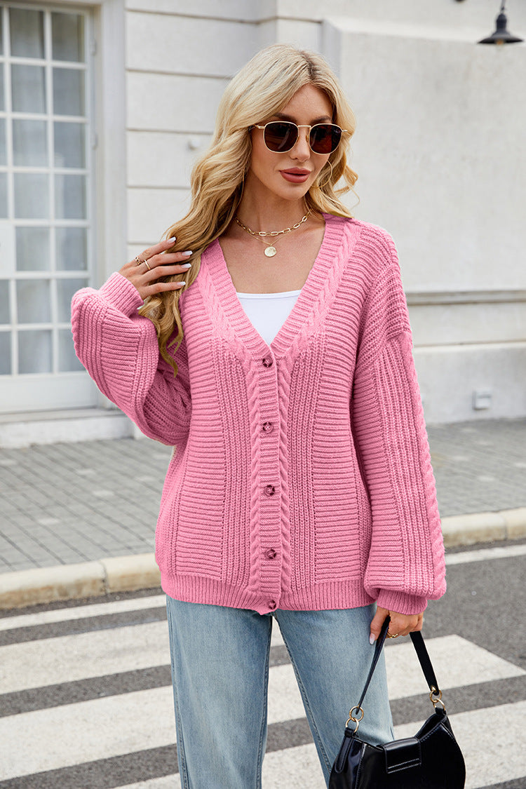 Women's Loose Long-sleeved V-neck Twisted Knitted Sweater Coat