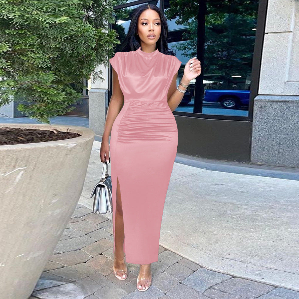 Big Size Fat Plus Dresses in pink cashmere, retro art style with side slit, suitable for summer.
