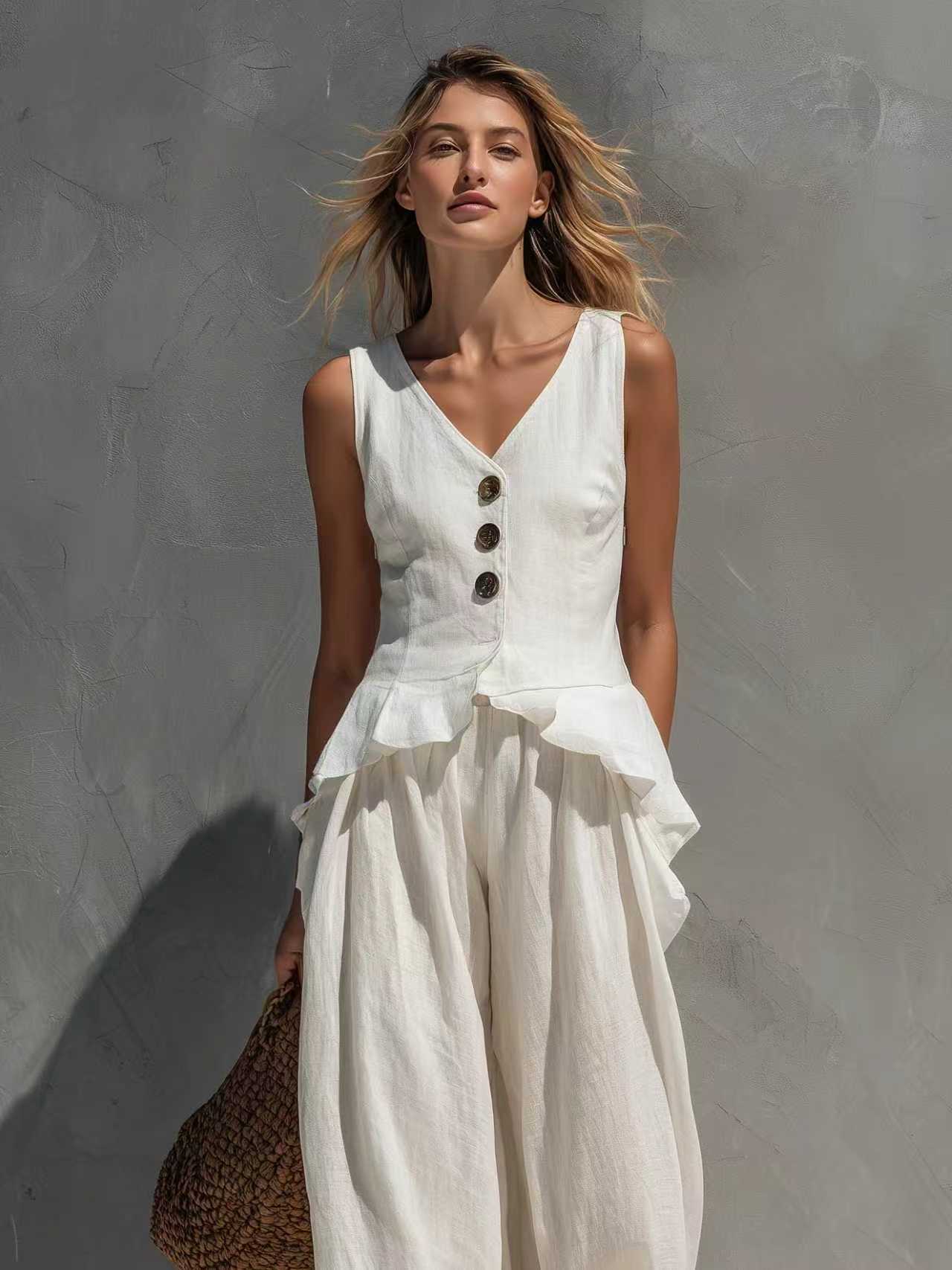 Sweatshirt-style Casual Sleeveless Top And Wide-leg Pants Two-piece Set