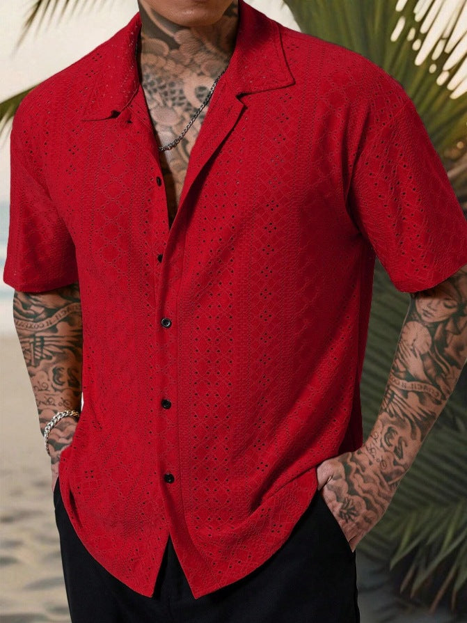 Mens Versatile Hollow-Out Jacquard Casual Shirt