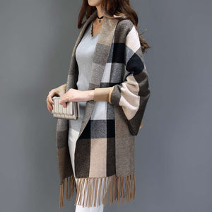Women's Plaid Knit Cardigan Cloak with Fringe in 3 Colors - Wazzi's Wear