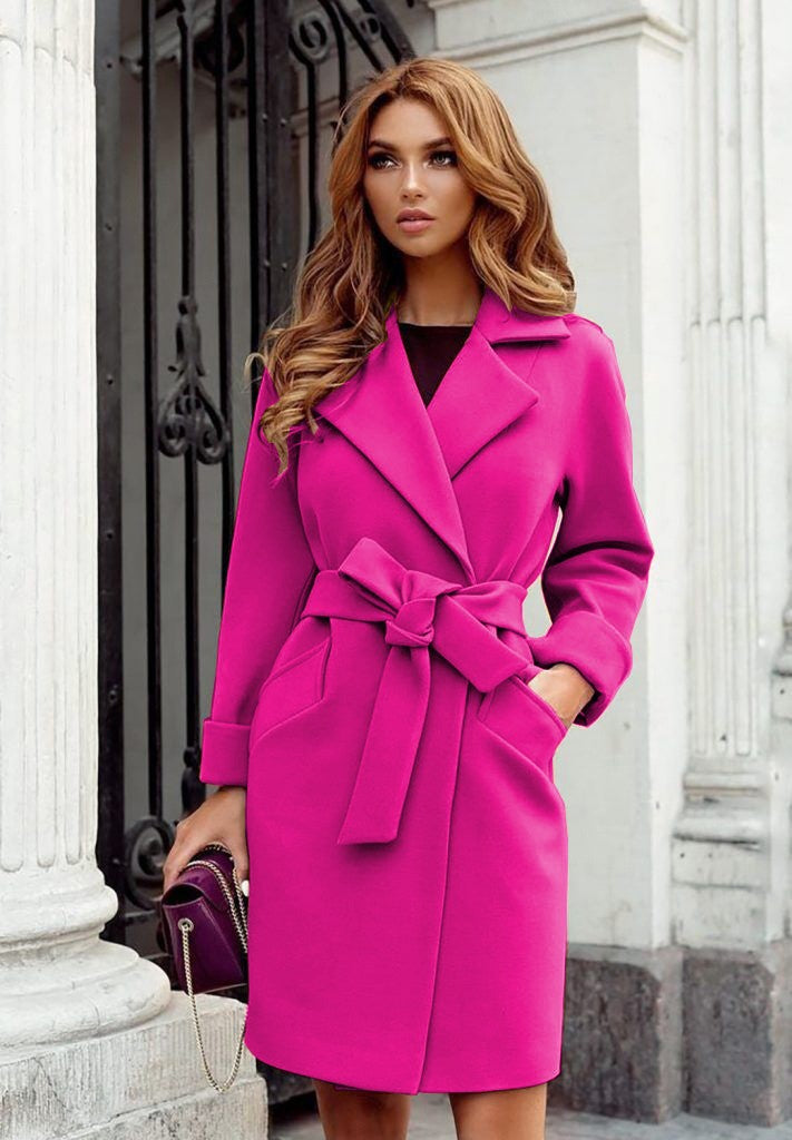 Women's Long Sleeve Woolen Coat with Waist Tie and Pockets in 7 Colors S-XXL - Wazzi's Wear