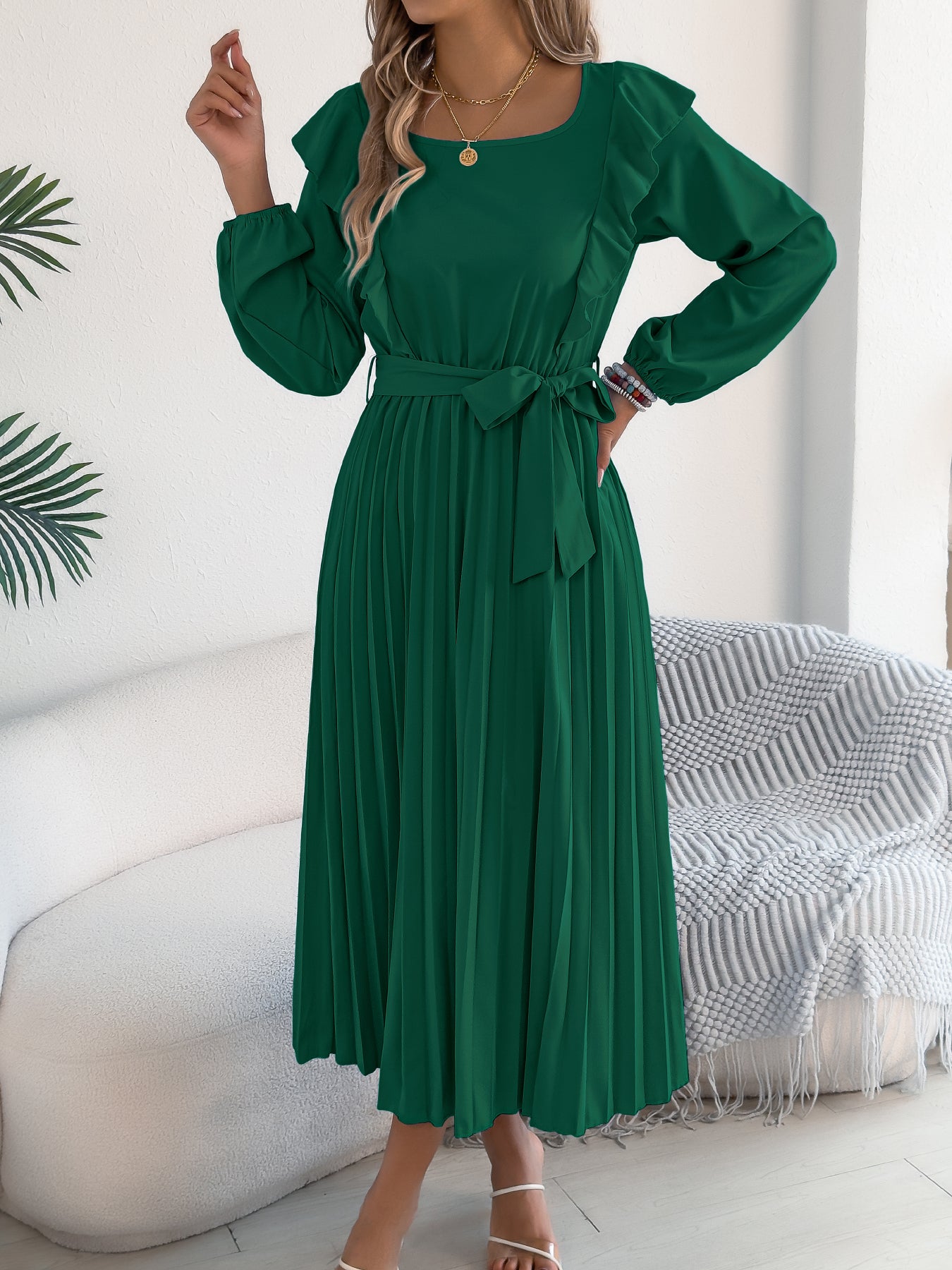 Women's Elegant Ruffle Trim Square Neck Long Sleeve Tie Waist Pleated Dress