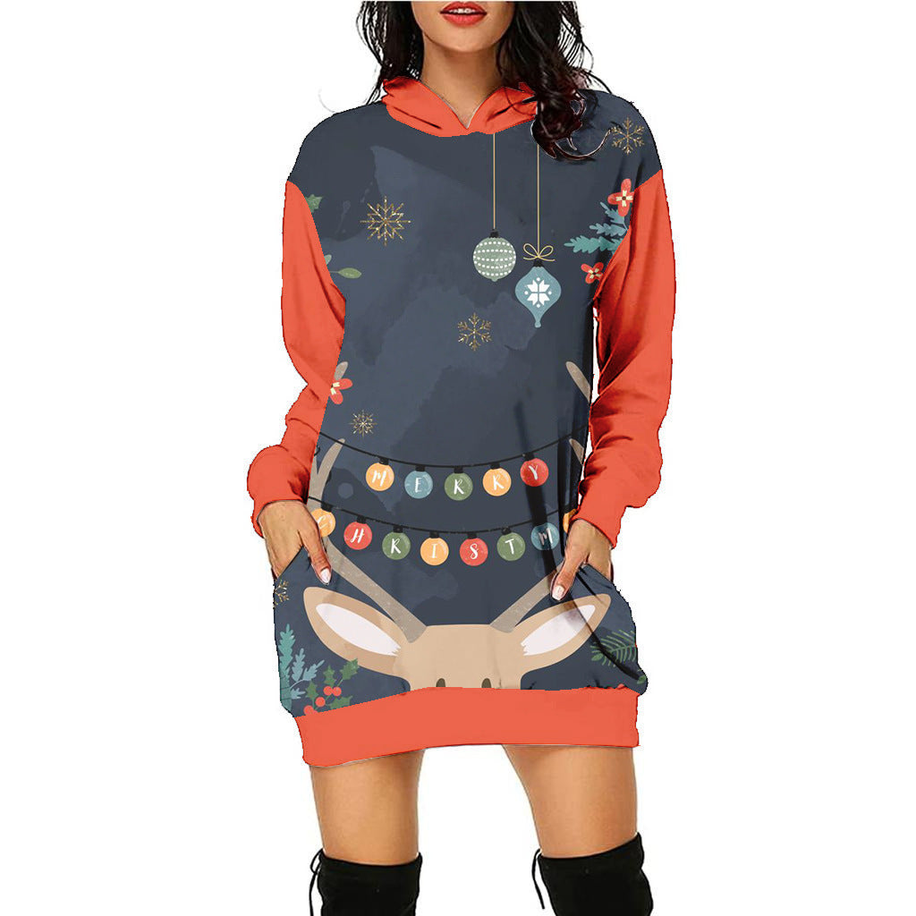 Women's Fashion Casual Printing Christmas Holiday Party Sweater Dress