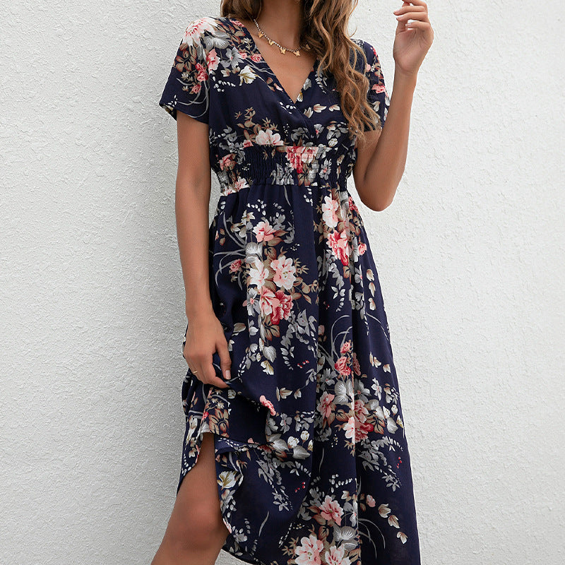 Summer Floral Print Short Sleeved V-neck Pullover High Waisted Dress A-line Skirt Mid Length Skirt
