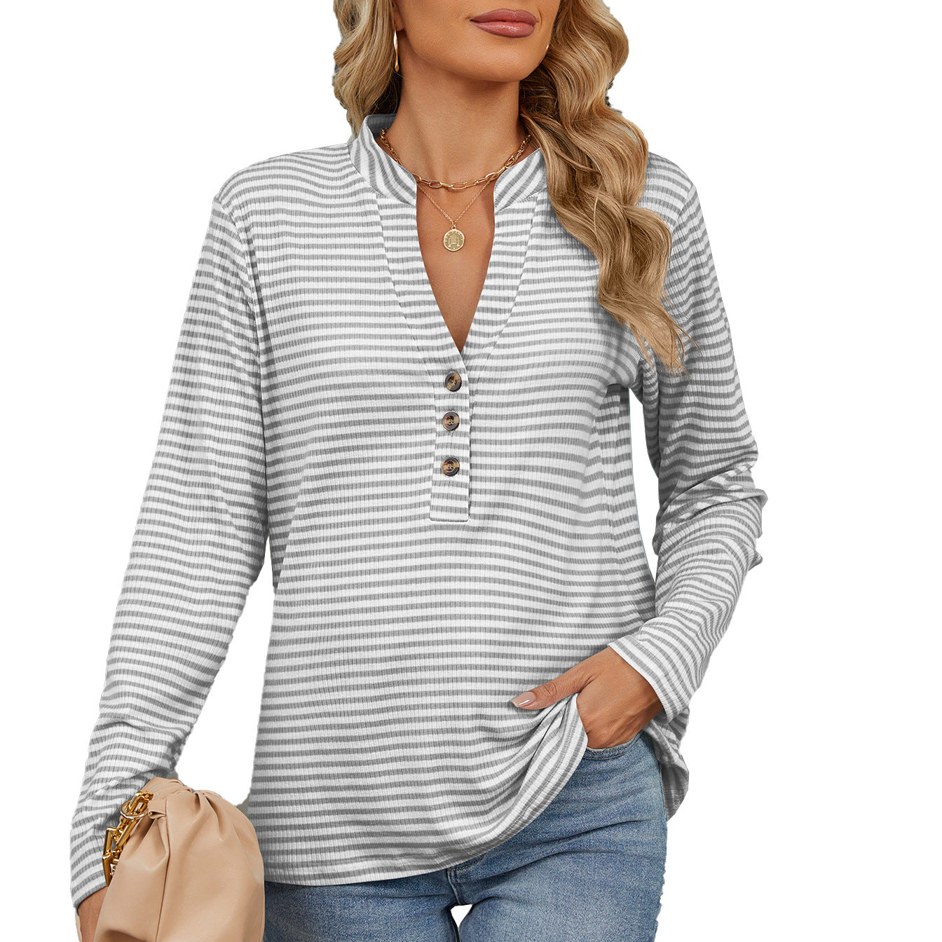 Women’s V-Neck Striped Long Sleeve Shirt