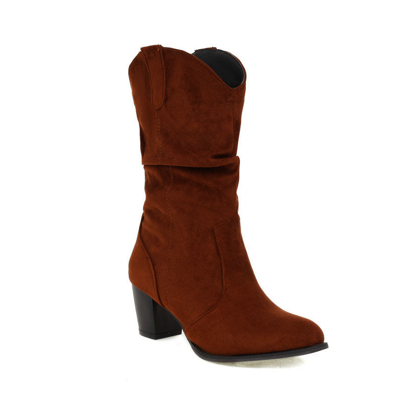 Women’s Suede Chunky Heel Mid-Calf Boots in 4 Colors - Wazzi's Wear