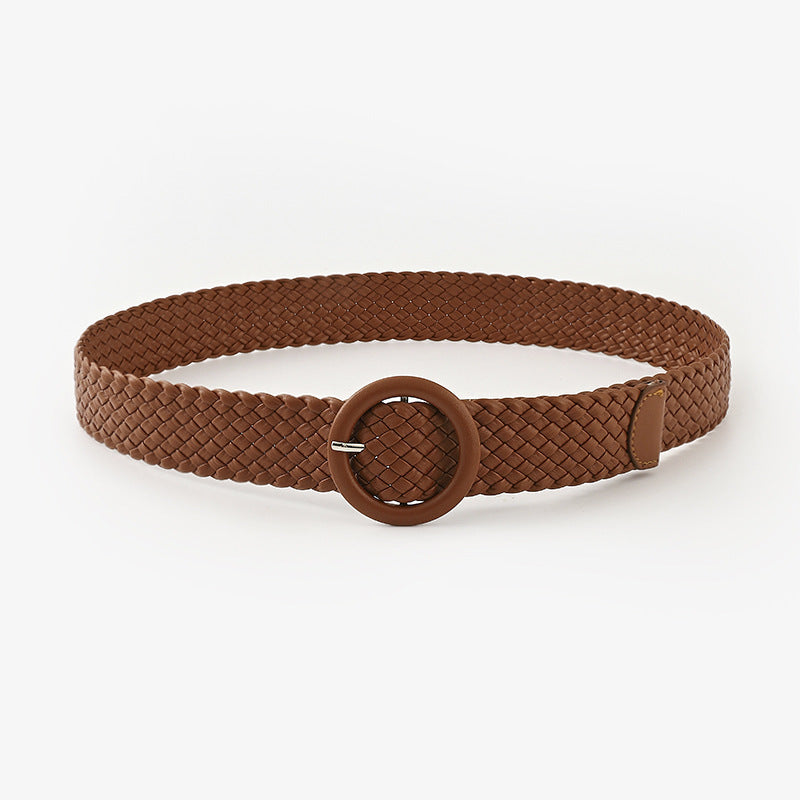 Woven Solid Colour Women’s Belt with Round Buckle