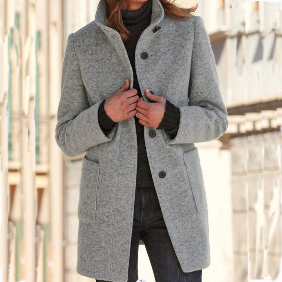 Women’s Wool Coat With Pockets and Stand Collar