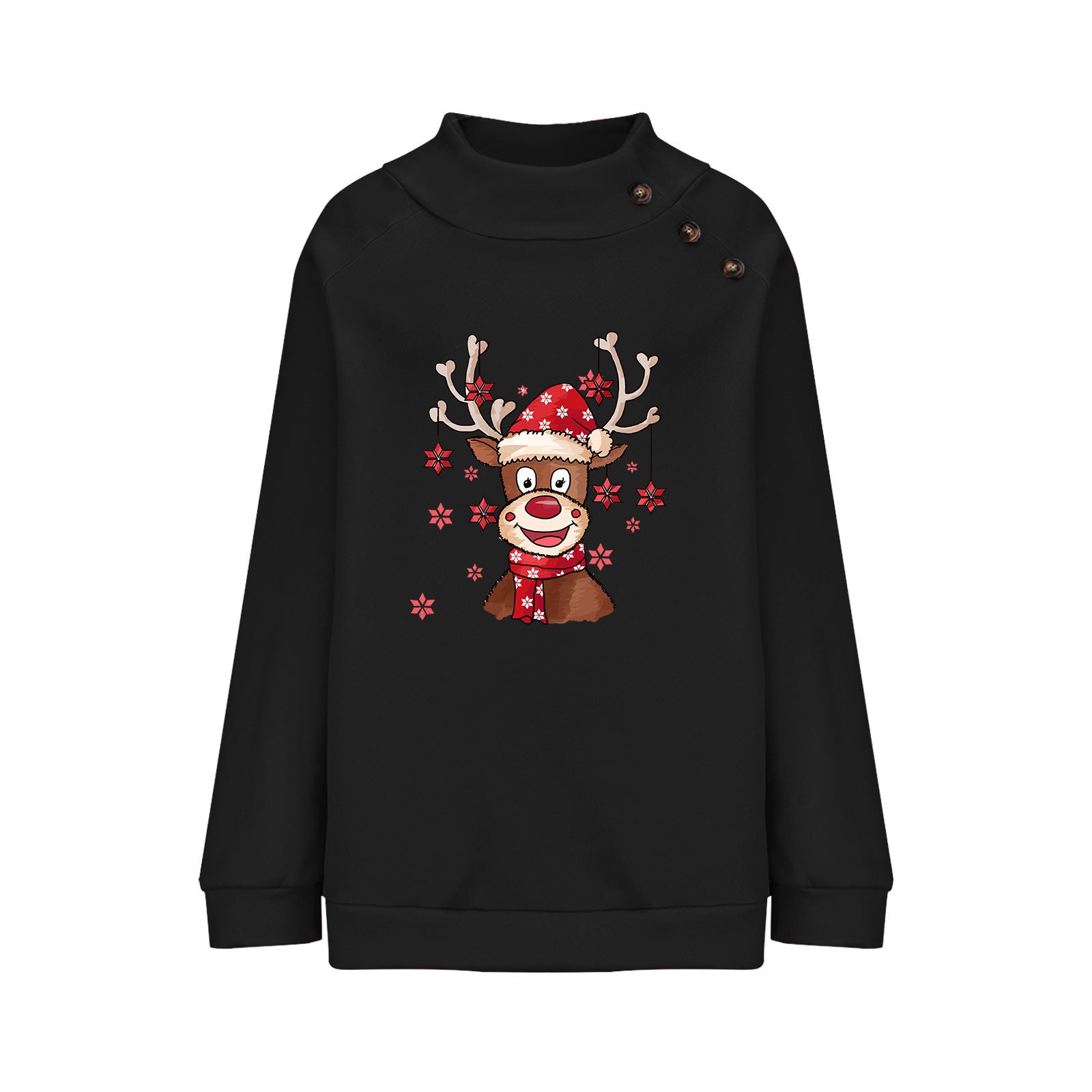 Turtleneck Buttons Christmas Deer Loose Sweater Female