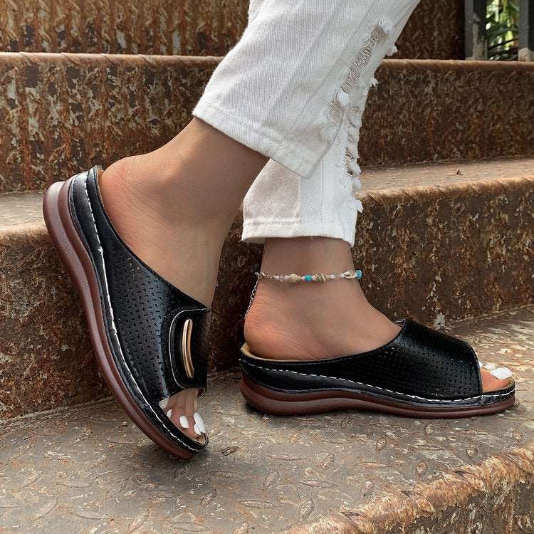 Women’s Round Toe Slip-On Sandals with Short Wedge Heel