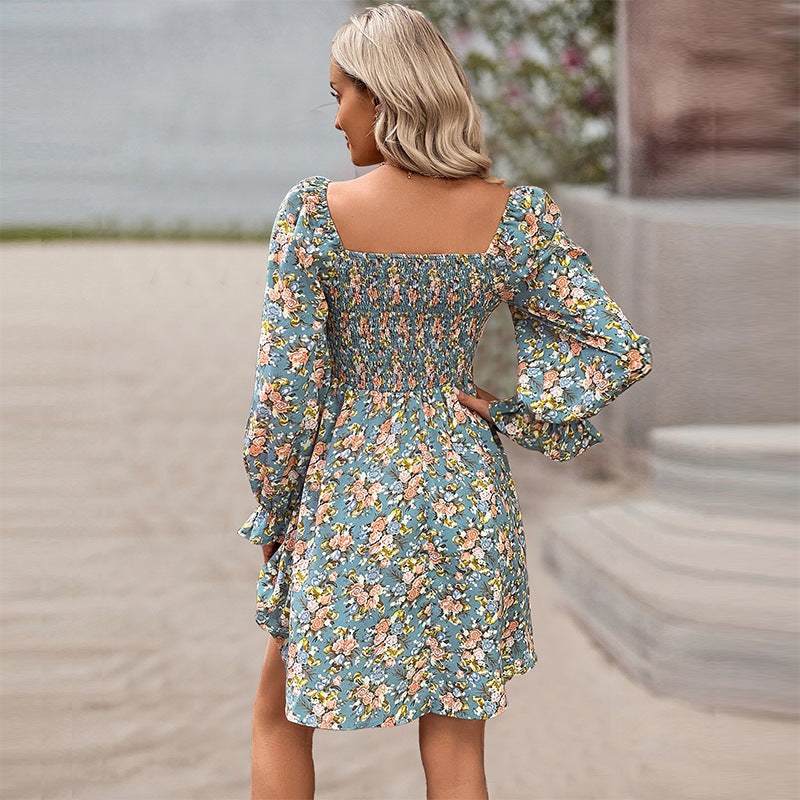 Women's Fashionable All-match Beach Print Square Collar High Waist Casual Dress
