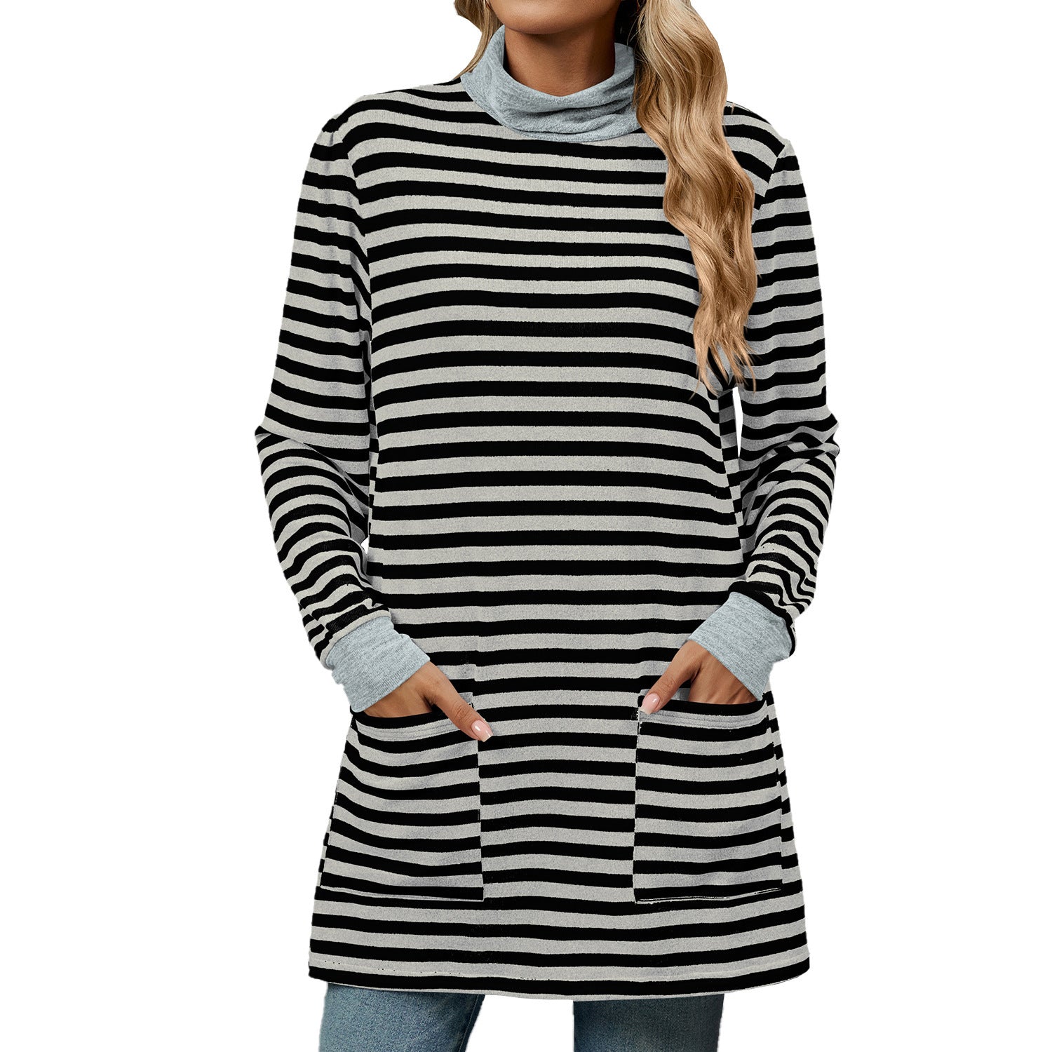 Women’s Turtleneck Striped Long Sleeve Shirt with Pockets