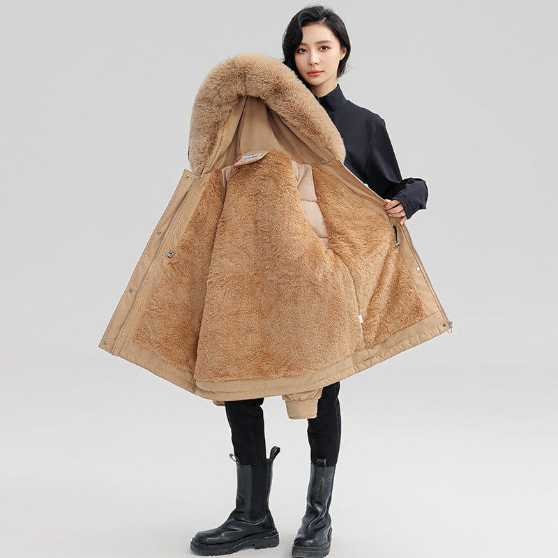 Women's Thick Plush Winter Jacket with Fur-Lined Hood