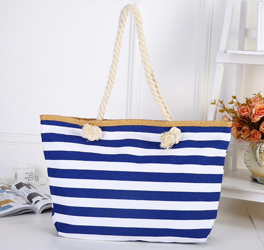 Women's Canvas Large Capacity Striped Beach Bag in 6 Colors