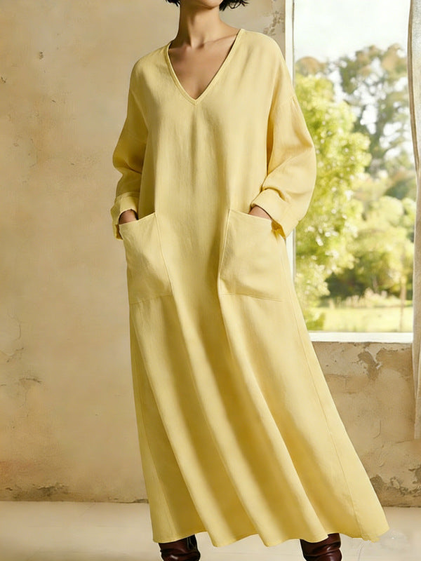 Casual Solid-Colored V-Neck Pocket Long-Sleeve Cotton-Linen Dress
