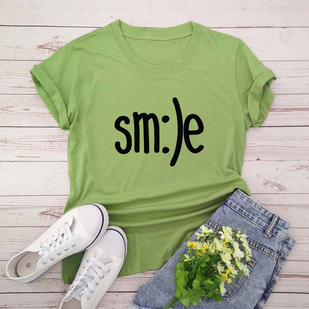Women’s Smile Printed Short Sleeve Cotton Top in 12 Colors S-5XL - Wazzi's Wear
