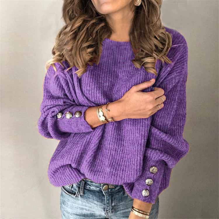 Women’s Long Sleeve Round Neck Knit Sweater with Buttons in 9 Colors S-5XL - Wazzi's Wear