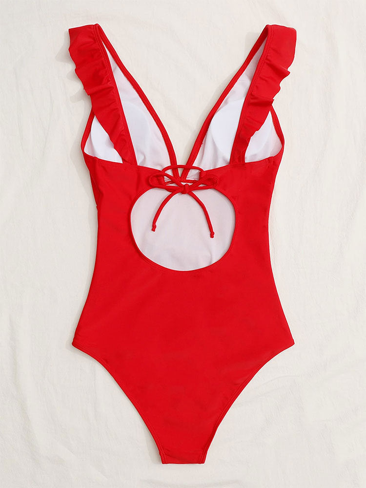 Women's Ruffled V-Neck One Piece Swimsuit in 2 Colors S-XL - Wazzi's Wear