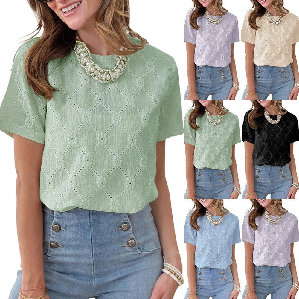 Embroidery-Style Floral Jacquard Top T-Shirt For Women
