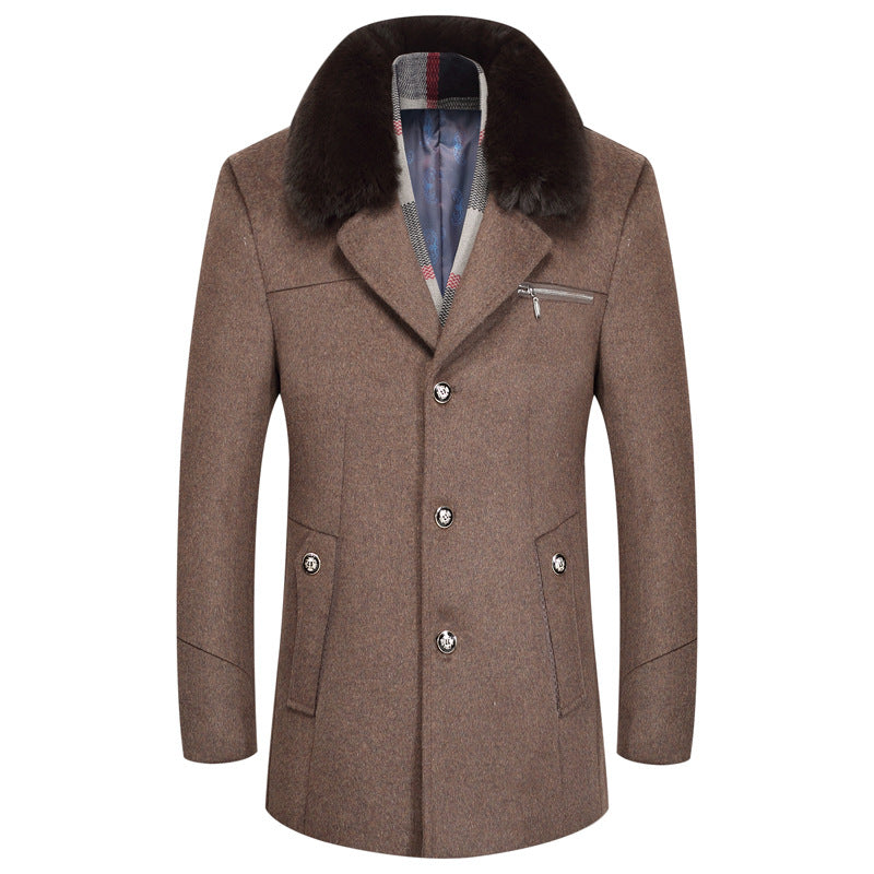 Single-Breasted Men's Wool Coat with Fur Collar and Plush Lining