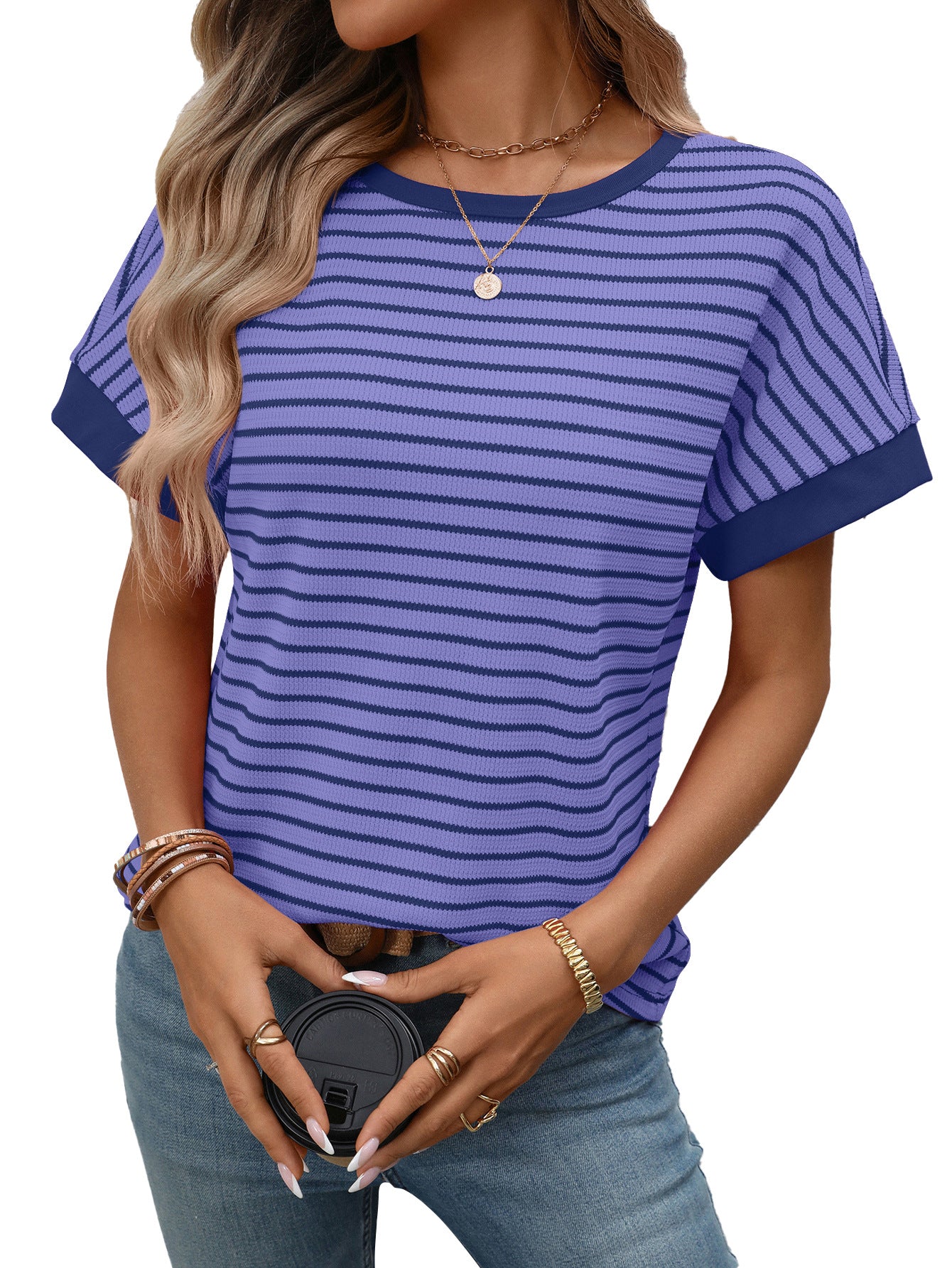 Casual Crew-Neck Patchwork Short-Sleeve T-Shirt