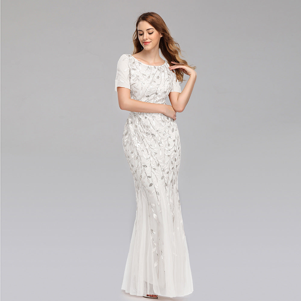 Women’s Elegant Short Sleeve Evening Gown with Chiffon and Lace Overlay