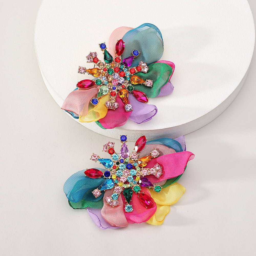 Rhinestone Chiffon Flower Stud Earrings For Women Colorful Crystal Bohemian Statement Jewelry For Party Prom Summer Beach Vacation