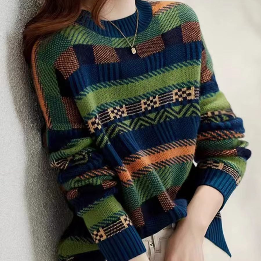 Round Neck Green Loose Striped Sweater For Women