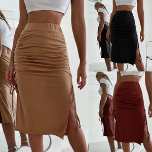 Women's Drawstring Midi Skirt with Leg Slit in 3 Colors S-XL - Wazzi's Wear