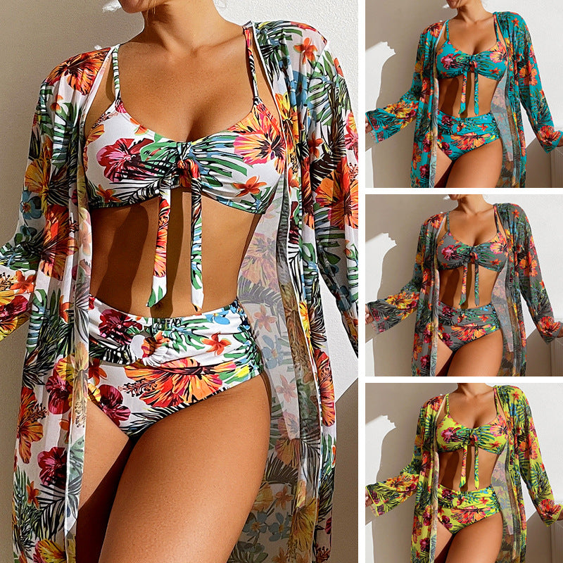 Women’s Printed Bikini with Matching Coverup Three Piece Set in 4 Colors S-3XL - Wazzi's Wear