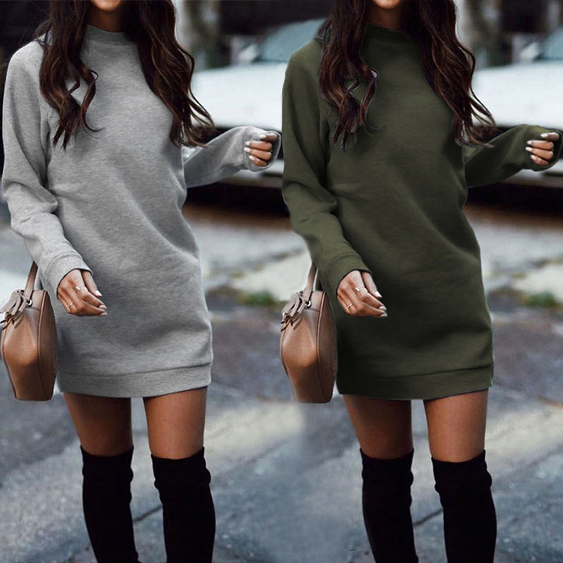 Sweater dress round neck solid color long-sleeved women's dress