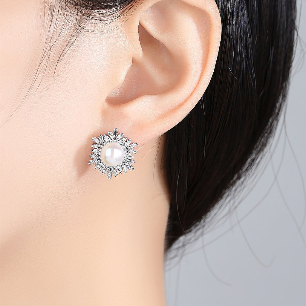 Women’s Sterling Silver Snowflake Stud Earrings with Pearl in 3 Colors - Wazzi's Wear