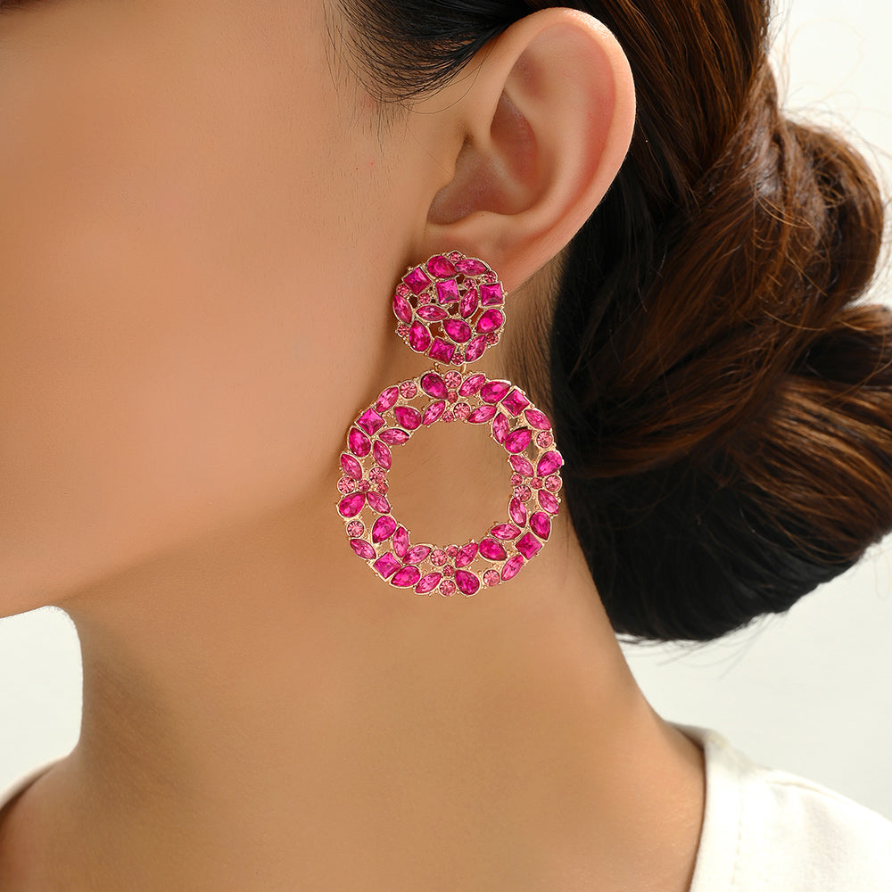 Luxury Elegant Two Tier Full Rhinestone Hollow Circle Statement Dangle Earrings For Women Party Prom Wedding Evening Daily Wear