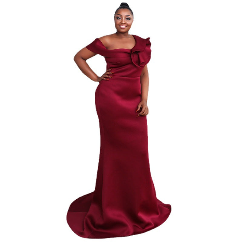 Women’s Elegant Wine Red Short Sleeve Gown L-4XL - Wazzi's Wear