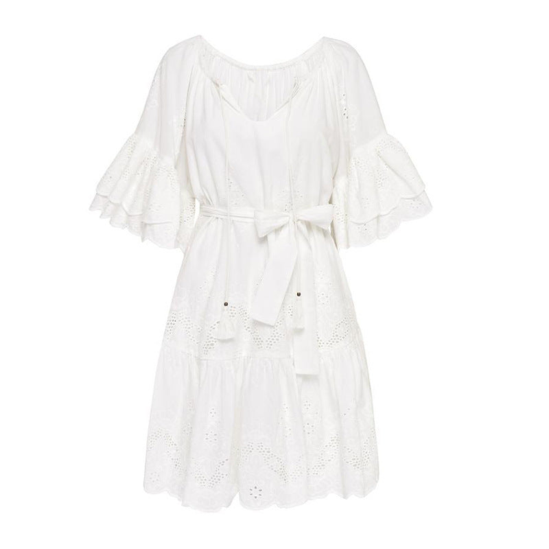 Embroidered Cotton Breathable White Resort Dress